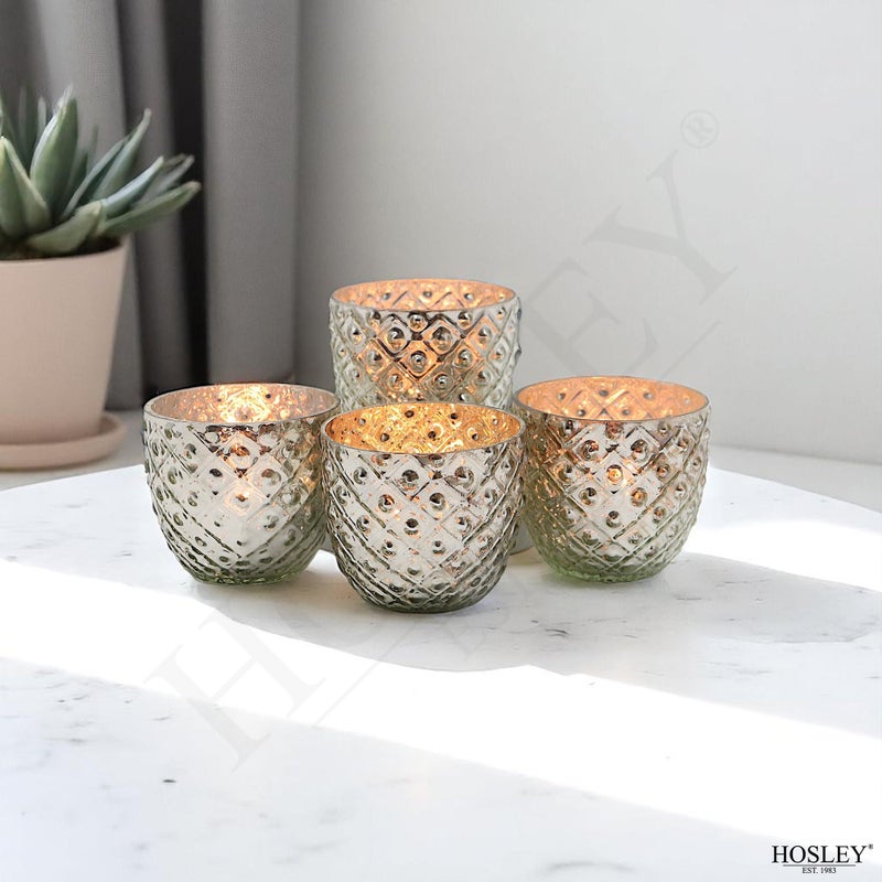 Hosley Set of 6 Metallic Antique Silver Glass Votive Tealight Farmhouse Candle Holder 2.75 Inch Diameter Ideal for Bridal Weddings Parties Events Spa Settings and Aromatherapy MINI Flower Pot O4 - Image 4